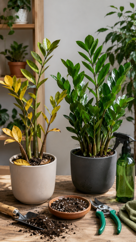 Struggling ZZ Plant with yellow leaves beside a healthy plant showing common care problems.