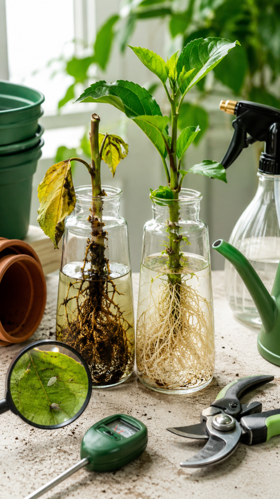 A struggling hibiscus cutting with yellow leaves beside a healthy rooted cutting during propagation