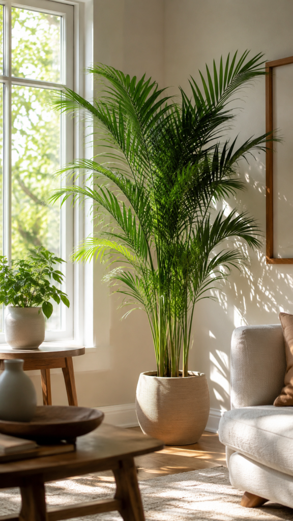 Tall areca palm placed in a bright corner of a modern living room.