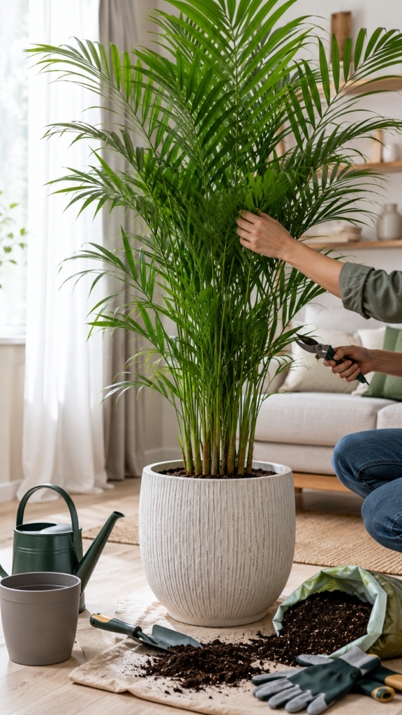 Tall mature areca palm in a decorative pot being maintained indoors.