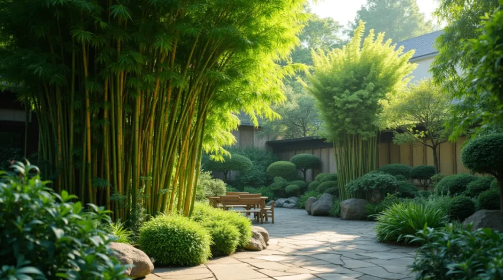 A peaceful bamboo garden with tall, swaying green stalks, creating a tranquil and eco-friendly outdoor retreat.