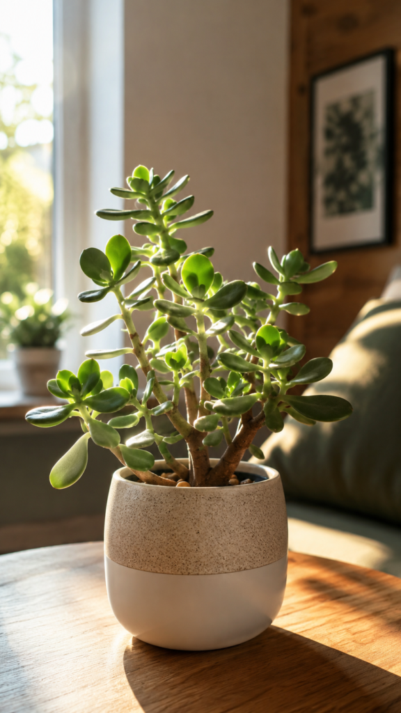 Healthy jade plant with thick green leaves in a stylish ceramic pot on a sunlit windowsill.