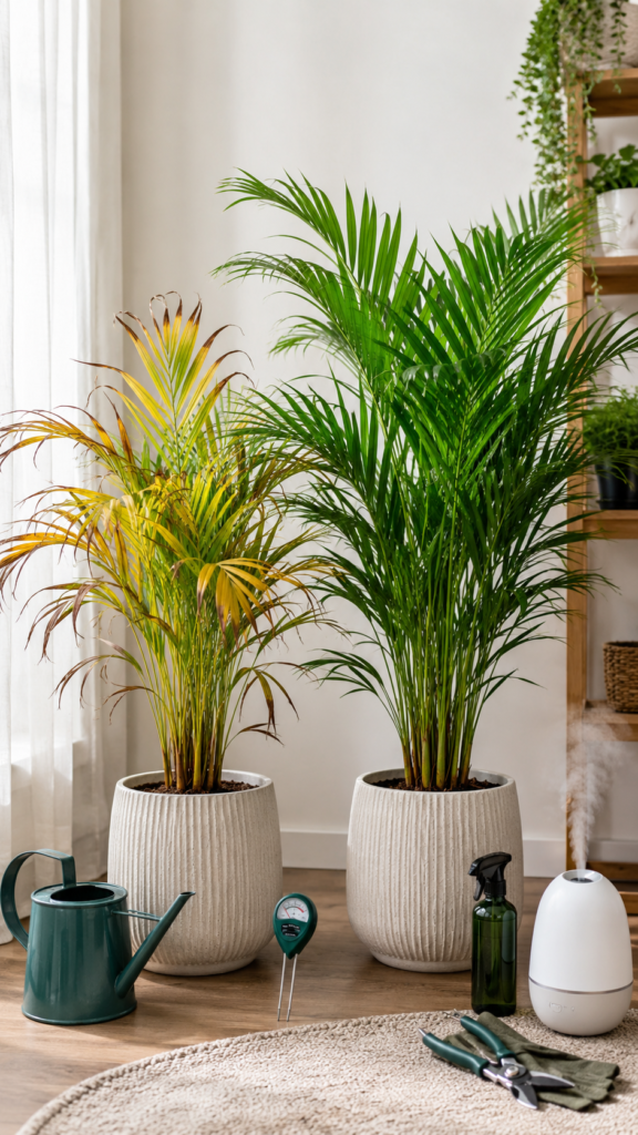 Unhealthy areca palm with yellow leaves compared to a healthy green areca palm.