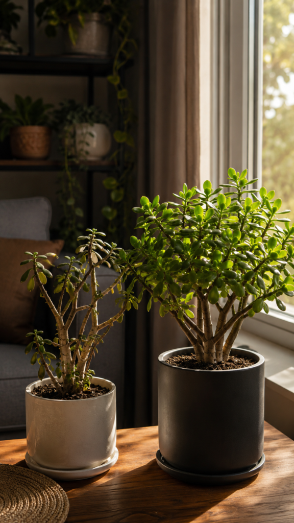 Unhealthy jade plant with weak stems placed beside a healthy vibrant jade plant near bright natural sunlight in a cozy modern indoor space, showing a dramatic plant recovery transformation with elegant home decor and realistic succulent details.