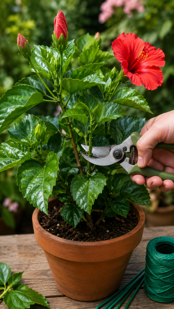 Young hibiscus plant being pruned with clean shears to encourage healthy growth and blooms
