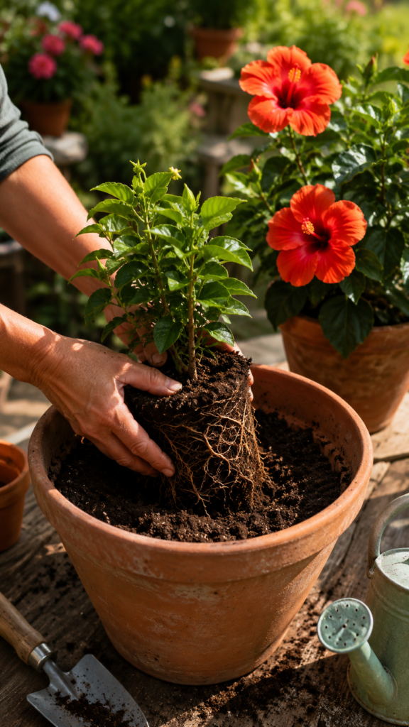 Young hibiscus plant being transplanted into a larger pot with fresh soil and healthy roots