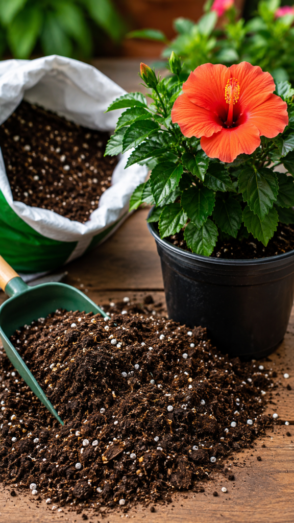 Young hibiscus plant growing in a well-draining soil mix with perlite and compost
