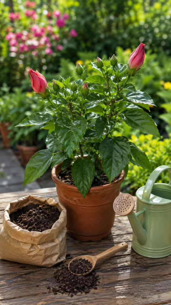 Young hibiscus plant with fertilizer and watering tools for healthy blooming growth