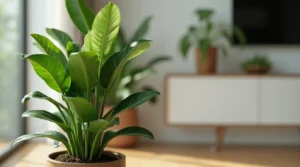 A lush ZZ Plant with glossy green leaves in a modern ceramic pot, placed on a sleek wooden table in a minimalist indoor setting.