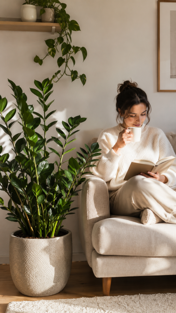 ZZ Plant adding beauty and calm to a cozy indoor living space.