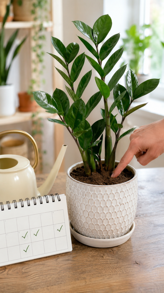 ZZ plant beside a watering can showing proper watering care and dry soil check.