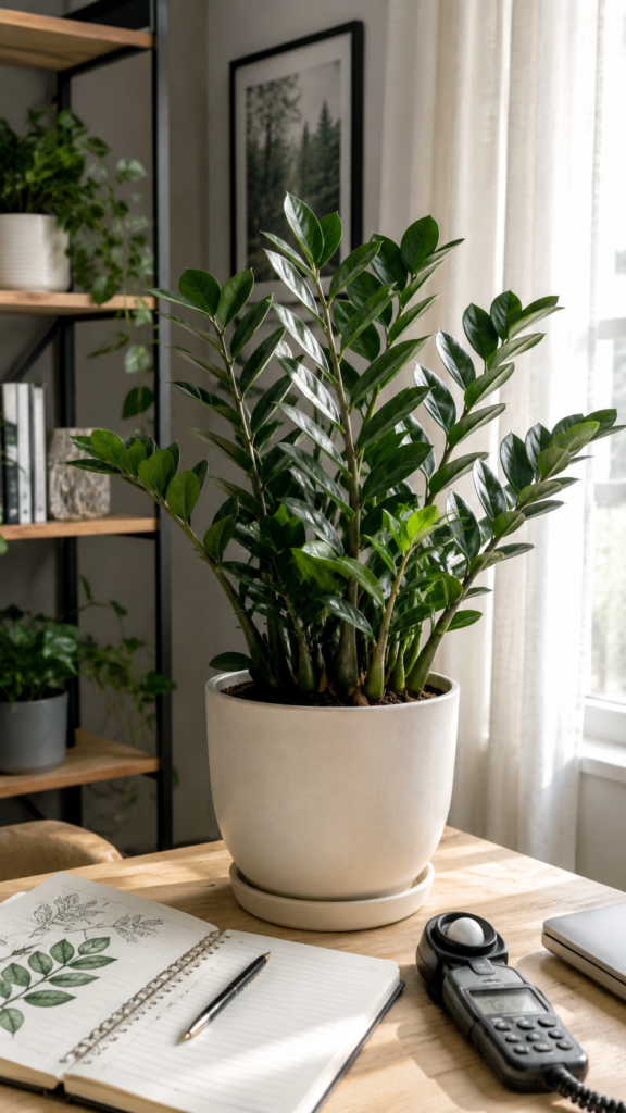 ZZ Plant growing near a window with bright indirect light for healthy indoor care.