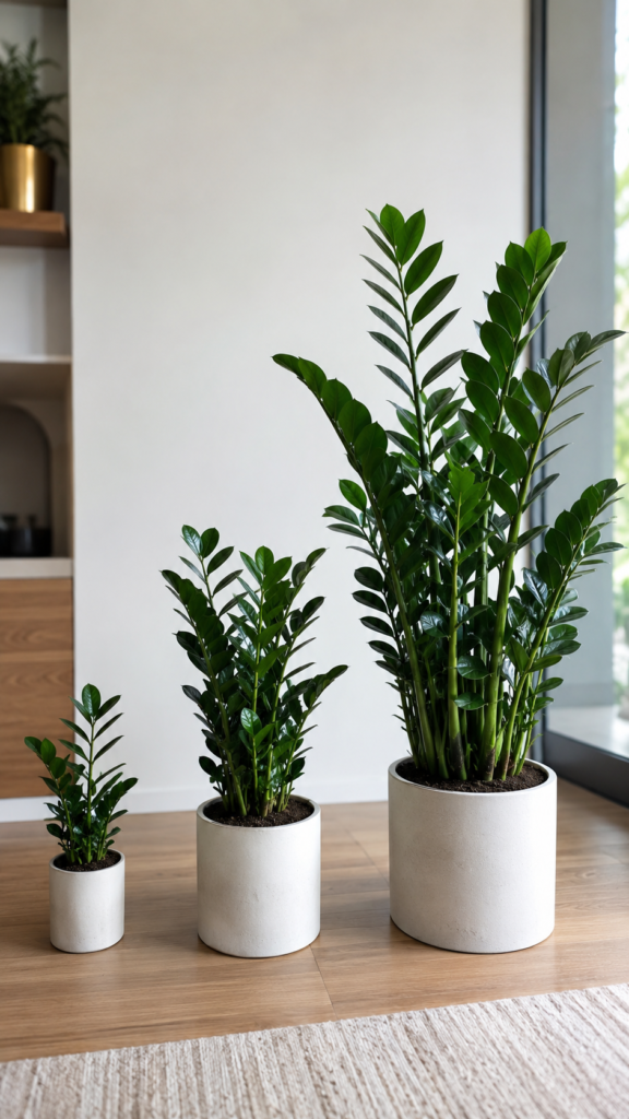 ZZ Plant growth stages from young plant to mature indoor houseplant.