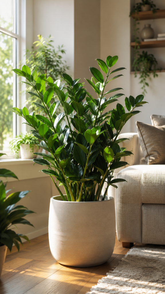 ZZ Plant in a bright living room showing its air-purifying benefits for indoor spaces.