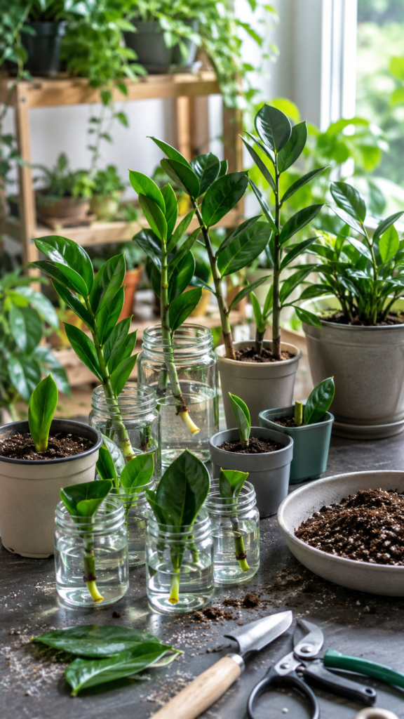 ZZ Plant propagation with stem and leaf cuttings on an indoor gardening table.