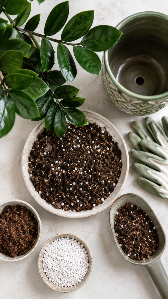 ZZ Plant repotting setup with well-draining soil mix and potting tools.