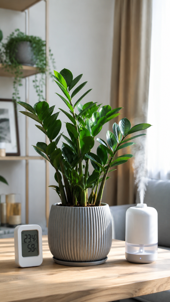ZZ Plant with thermometer and humidifier showing ideal indoor temperature and humidity care.