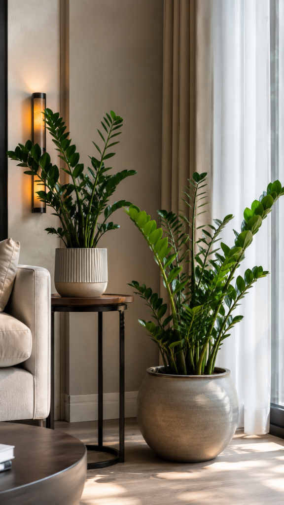 ZZ Plants in decorative pots styled in a modern minimalist living room.