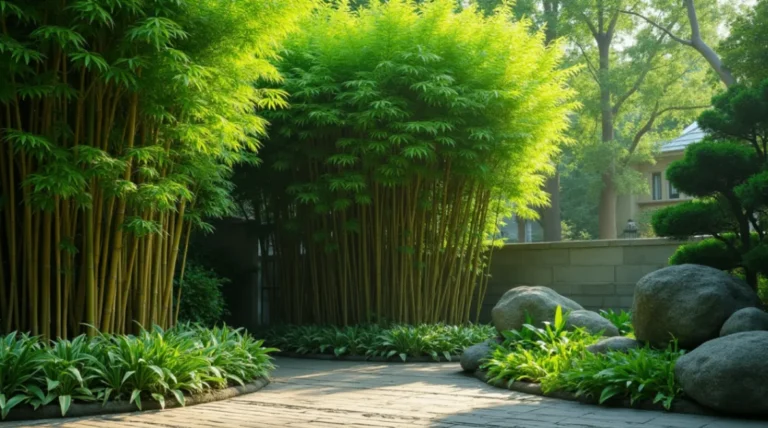 A lush bamboo garden with tall, green stalks and dense foliage, creating a serene and sustainable landscape.