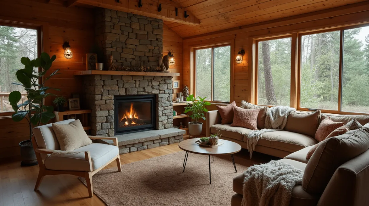 Cozy cabin interior with wooden walls, stone fireplace, and comfortable furniture.