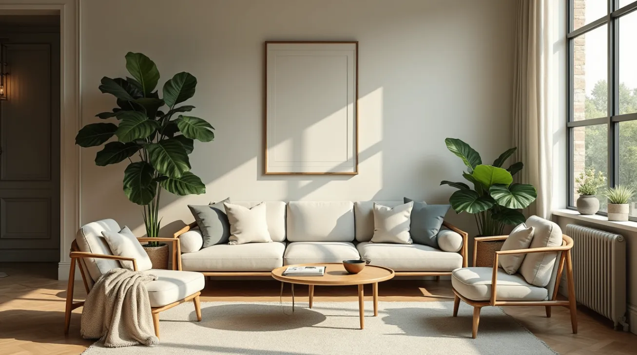 A modern and sophisticated interior featuring a tall fiddle leaf fig as the centerpiece, surrounded by sleek, minimalist furniture in neutral tones, with natural light streaming through large windows, creating a serene and balanced atmosphere.