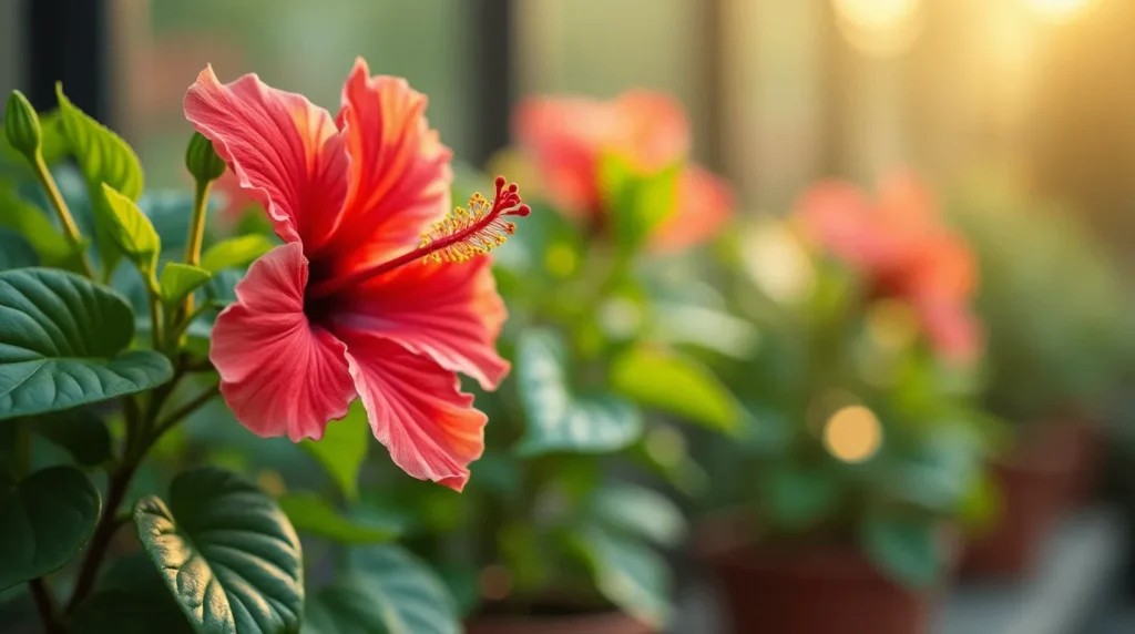 A close-up of a vibrant hibiscus plant with large colorful blooms in the foreground, showcasing the detailed stems and leaves. A cutting rooting in a small pot is visible, highlighting the hibiscus propagation process.