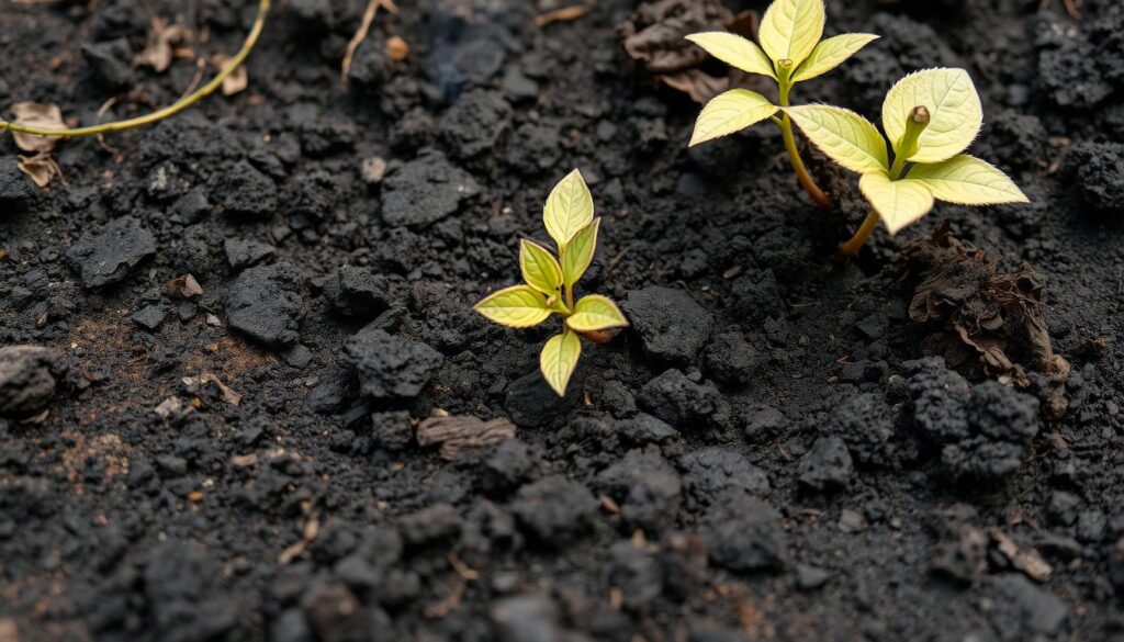 Close-up of soil contaminated with coal, featuring a dark, crumbly texture with blackened specks, weakened vegetation, and stunted plants with yellowing leaves. Faint smoke particles rise in the background.