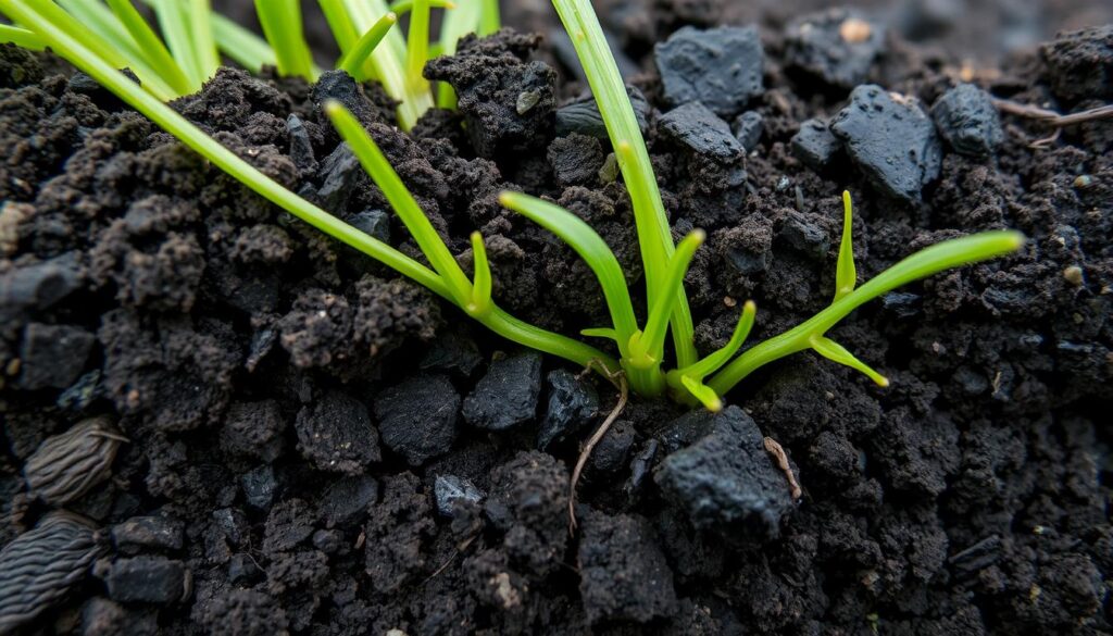 A close-up of a soil sample affected by coal pollution, showing a contrast between healthy and damaged soil layers, with diminished microorganisms and struggling plant roots among dark, ashy coal remnants.