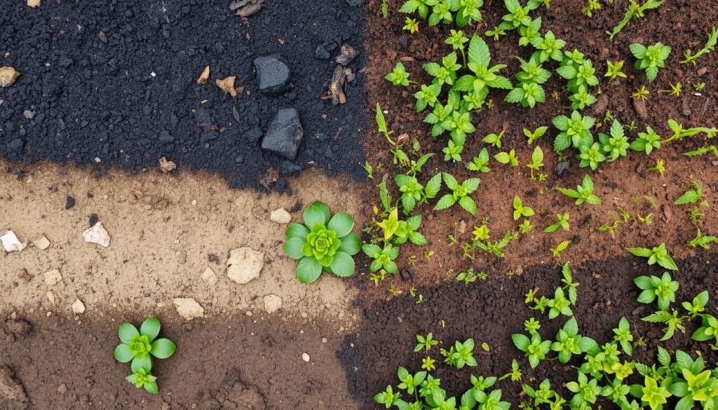 A split landscape showing dark, ashy soil with coal remnants on one side and vibrant, healthy soil with lush vegetation on the other, illustrating environmental restoration.