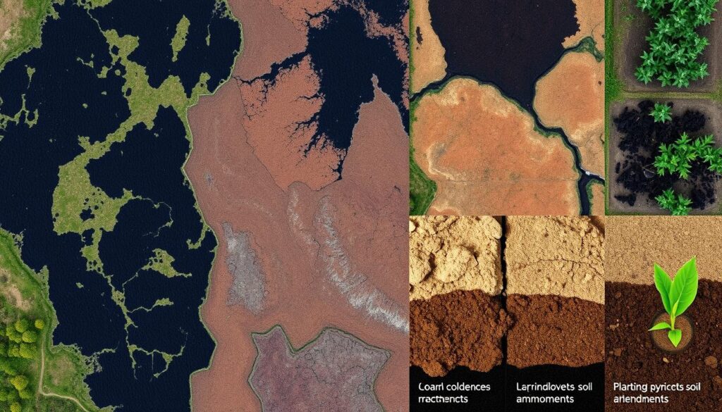 Aerial view of a landscape with contrasting soil patches, some dark and rich due to coal contamination and others lighter and healthier, showing differences in vegetation; close-up of soil samples with varied textures and colors, illustrating chemical changes; restoration efforts such as planting native species and applying soil amendments visible in the background.