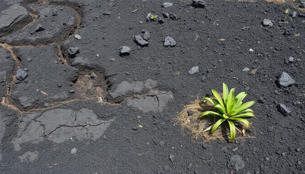 A barren landscape with coal-contaminated soil, featuring a dark, gritty texture with scattered lumps of coal, cracked earth, and struggling vegetation.