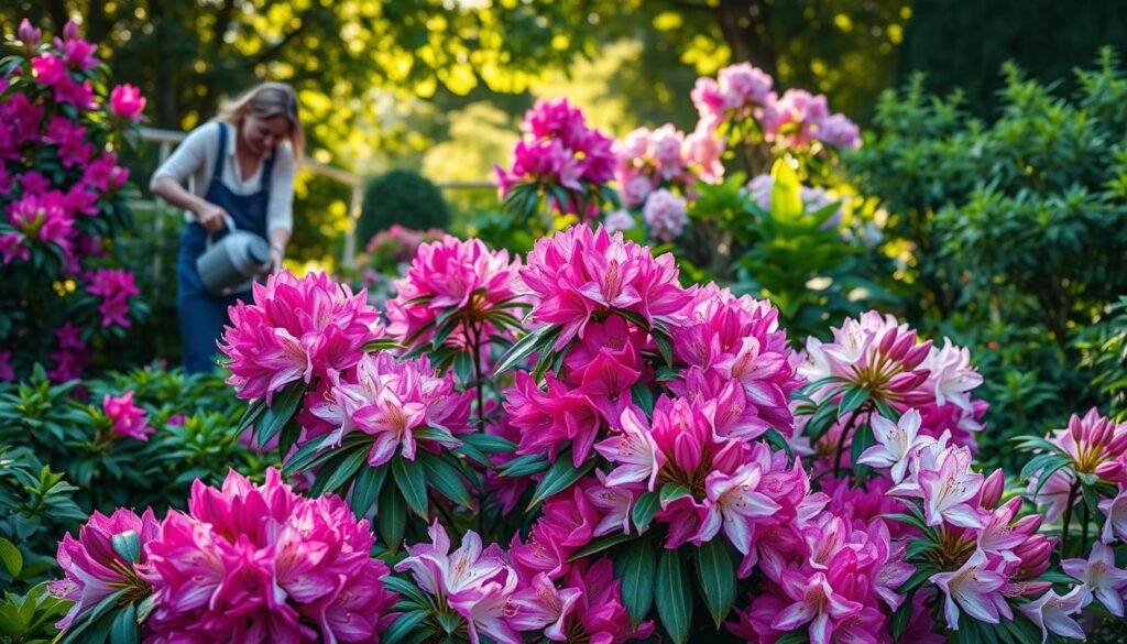 Close-up of a Rhododendron bush with clusters of pink flowers and deep green leaves.