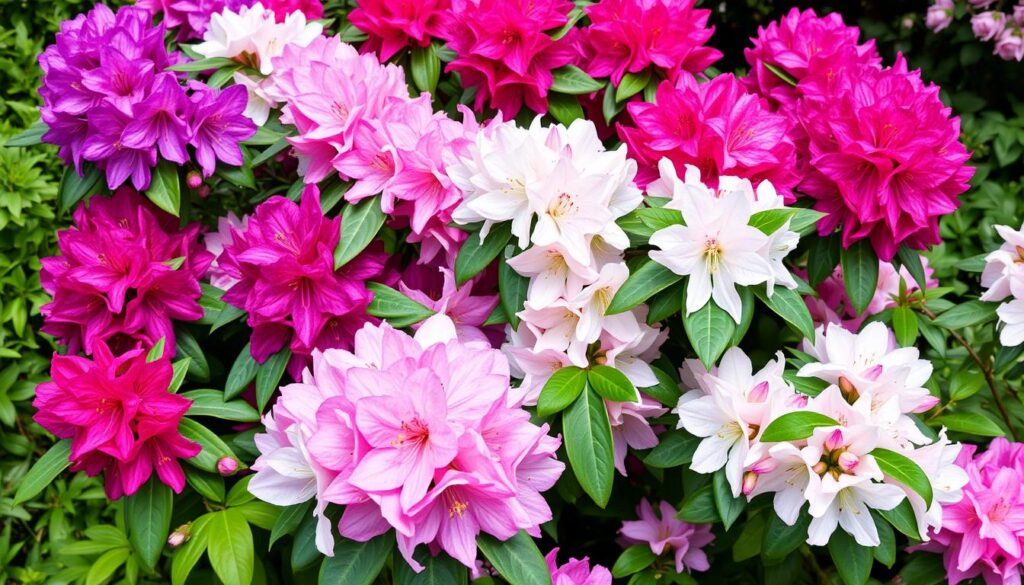 A beautifully landscaped garden with multiple Rhododendron shrubs in shades of pink, purple, and red.