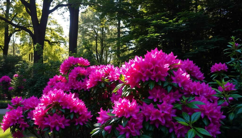 A wild Rhododendron bush blooming in a forest setting, surrounded by tall trees and ferns.