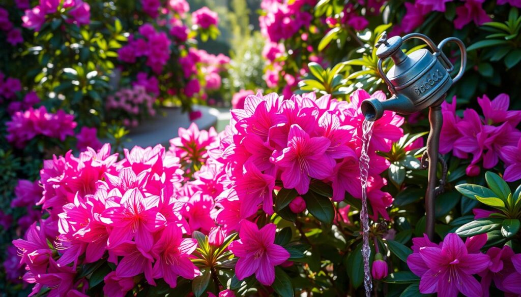 A Rhododendron plant growing in a decorative pot on a patio, showcasing bright purple flowers.