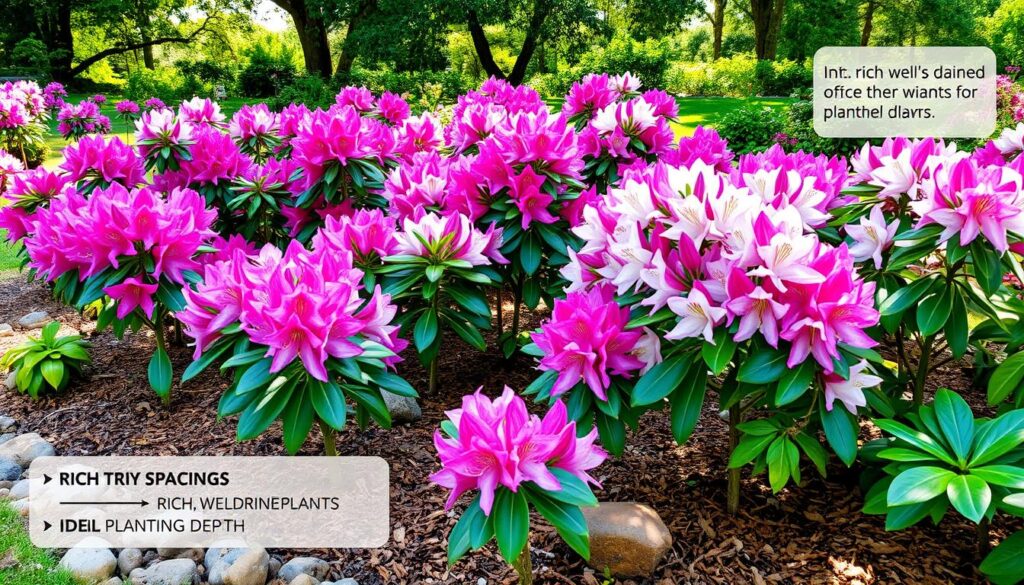 A garden scene with Rhododendrons in peak bloom, their pink petals illuminated by sunlight.