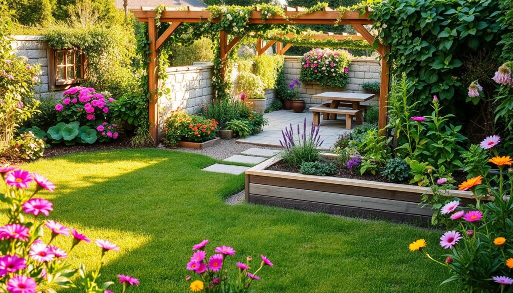 A cozy garden nook with fairy lights, a fire pit, and comfortable seating.