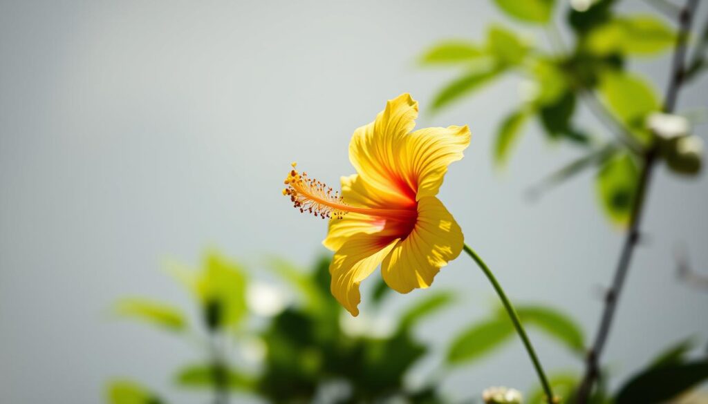 A vibrant yellow hibiscus flower with delicate petals unfurling, captured in soft natural lighting against a blurred tropical background of lush greenery.