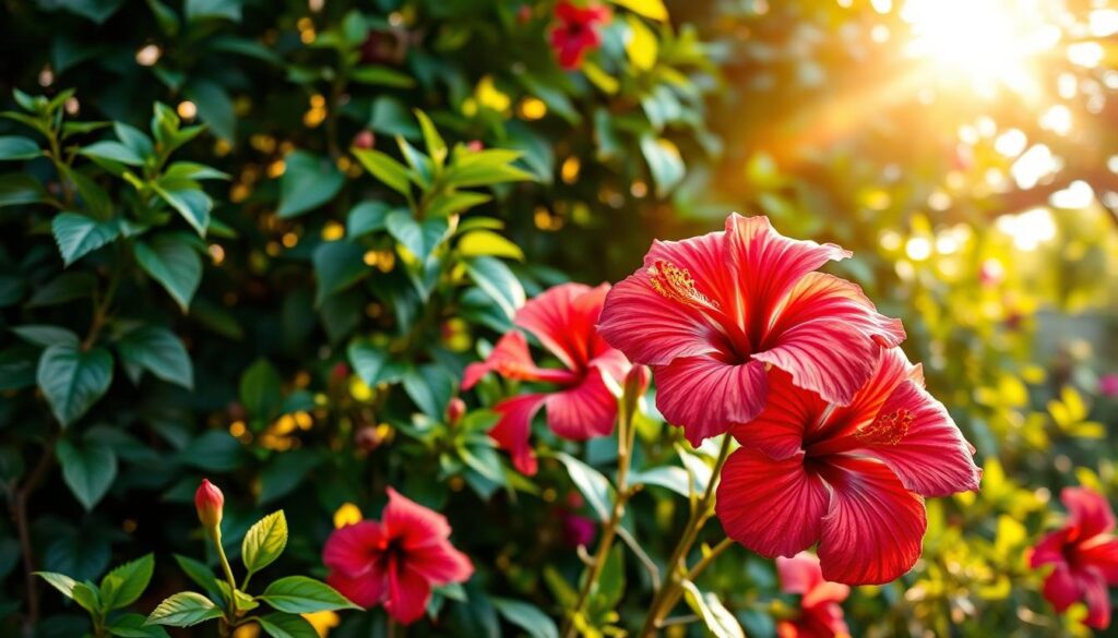 A vibrant garden scene showcasing a cluster of hibiscus flowers in full bloom with deep red and pink petals, bathed in golden sunlight, surrounded by lush green foliage.