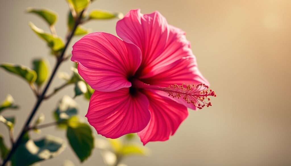 Close-up of a vibrant pink hibiscus flower in full bloom, showcasing intricate textures and radiant hues against a soft, blurred background with natural lighting.