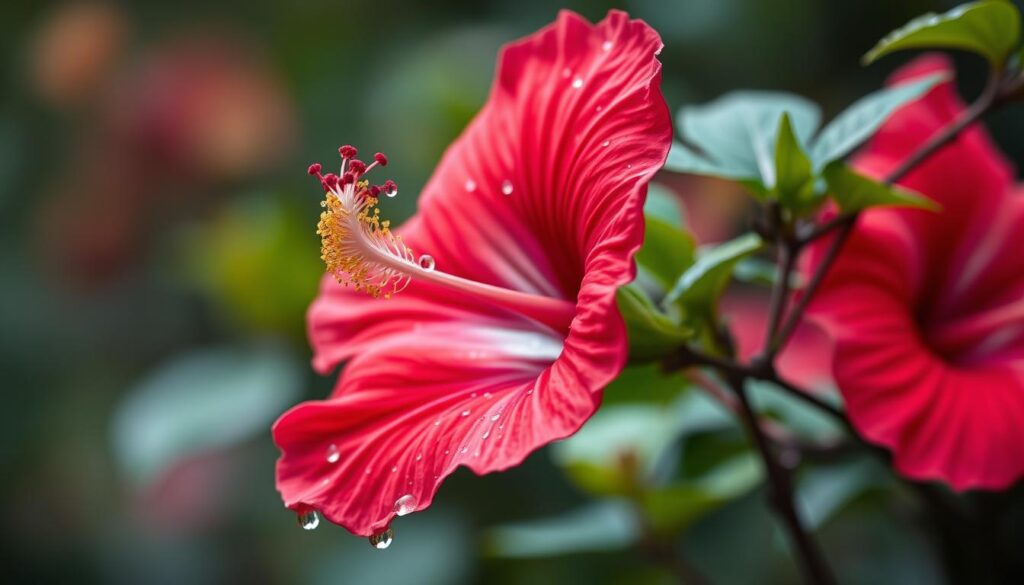  A close-up of a vibrant coral-red hibiscus flower in full bloom, with delicate petals unfurling and water droplets cascading down its surface. The soft, diffused lighting creates an ethereal atmosphere, emphasizing the intricate details of the plant.