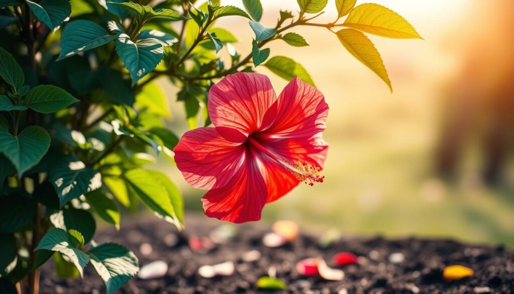  A vibrant hibiscus plant in full bloom, showcasing delicate red and pink petals with lush green leaves, set against a serene, blurred natural backdrop.