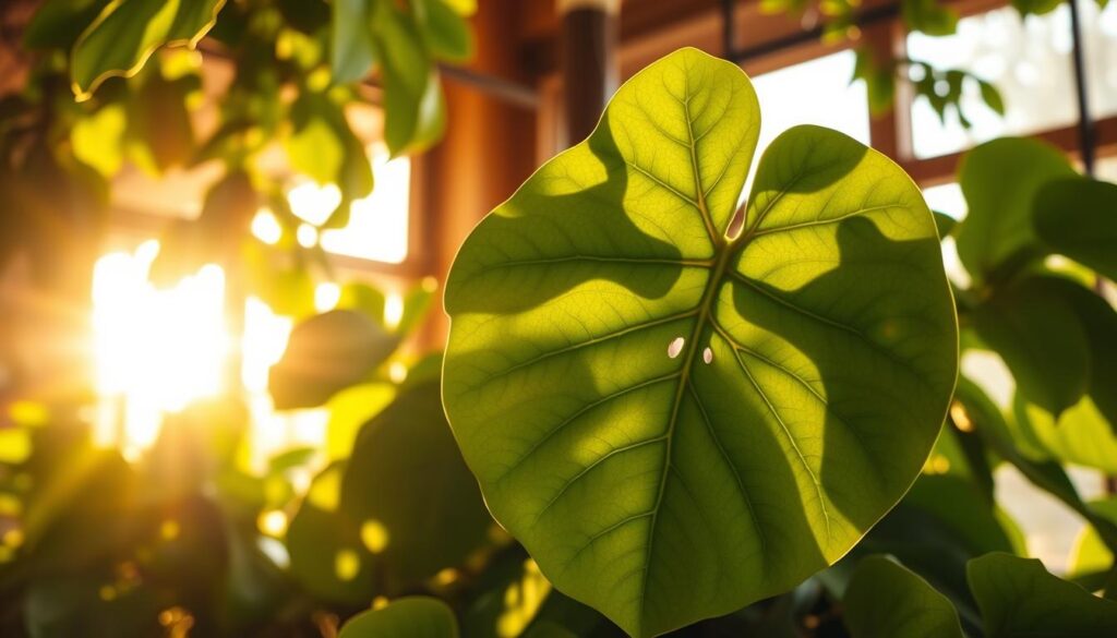 A vibrant fiddle leaf fig surrounded by lush green foliage, bathed in warm, golden natural light from large windows, with its broad, wavy leaves cascading gracefully.