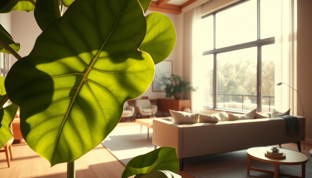 A cozy living room featuring a large, vibrant fiddle leaf fig plant in the foreground, bathed in warm, natural light from a floor-to-ceiling window. A stylish mid-century modern sofa and chairs create an inviting seating area, complemented by minimalist Scandinavian-inspired decor with neutral tones and natural wood accents.