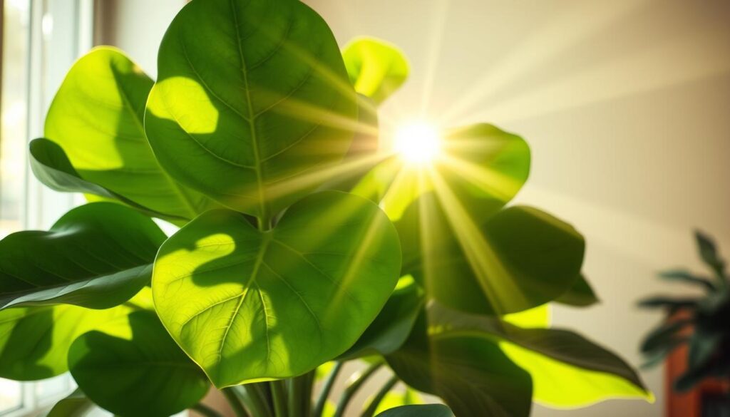  A vibrant fiddle leaf fig plant with broad, glossy green leaves in a well-lit room, bathed in soft natural light from a nearby window. The background is slightly blurred, highlighting the plant's air-purifying qualities.