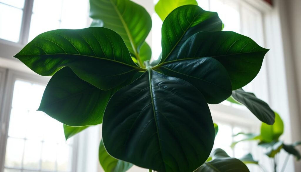 A vibrant fiddle leaf fig with large, glossy green leaves in a bright, sunlit room, showcasing its striking foliage and elegant form.