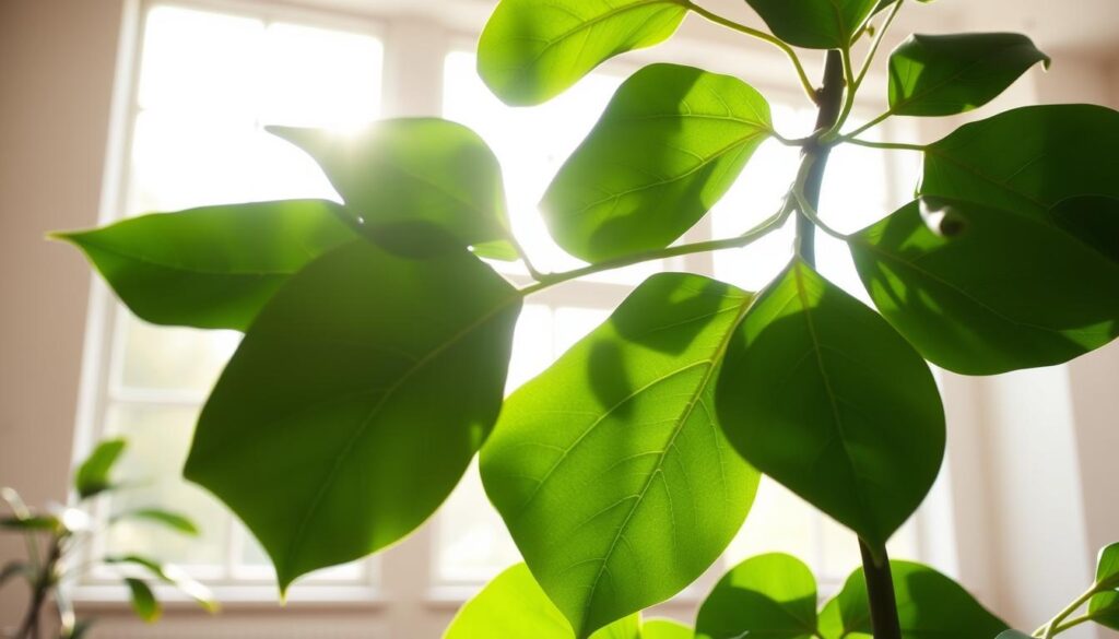 A vibrant fiddle leaf fig plant with broad, glossy leaves bathed in warm sunlight, set against a serene, minimalist interior.