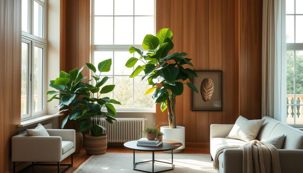 A modern and sophisticated interior featuring a tall fiddle leaf fig as the focal point, surrounded by minimalist furniture in neutral tones. Soft natural light filters through large windows, enhancing the warm and inviting ambiance.