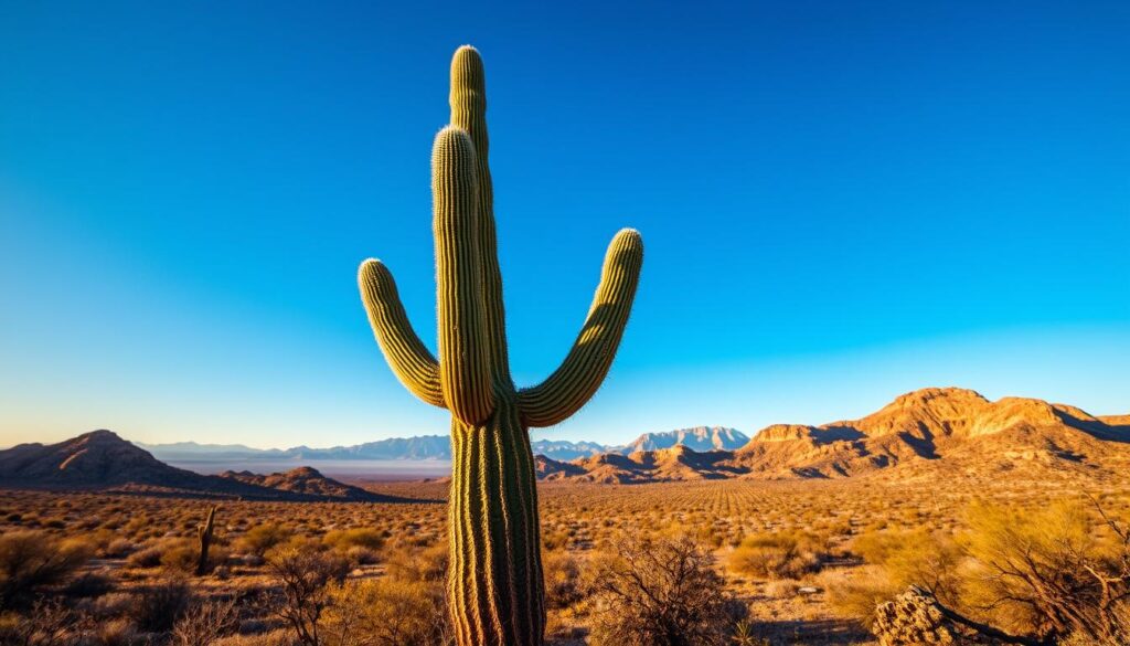 A lone saguaro cactus stands tall in the desert, its arms reaching skyward against a vibrant landscape of rugged terrain and distant mountains under a bright blue sky.