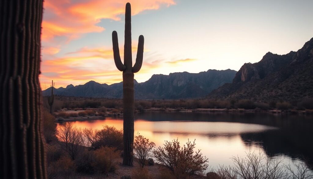 A serene desert landscape featuring a majestic saguaro cactus standing tall against towering mountains at sunset, with a tranquil lake reflecting the warm hues of the sky.